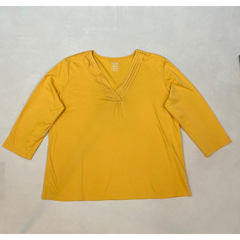 LL Bean Women XL Mustard Yellow Supima Cotton Pleated V-Neck 3/4 Sleeve Top